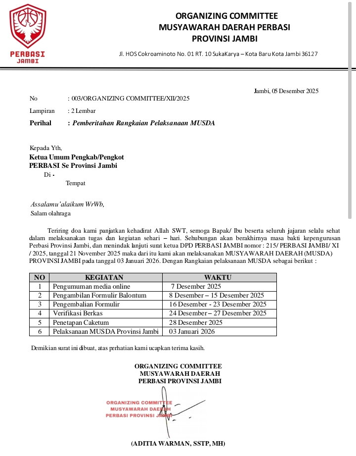 Surat Resmi Panitia Penjaringan Balontum Perbasi Provinsi Jambi