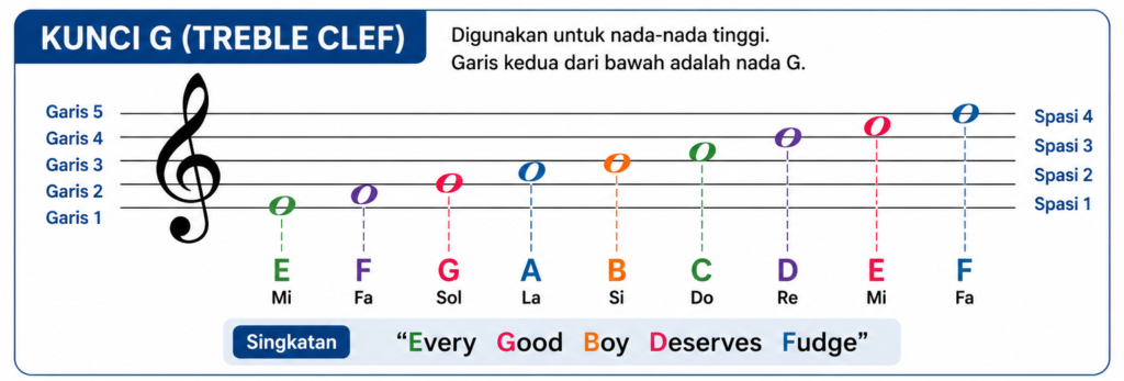Kunci G pada garis paranada untuk belajar not balok