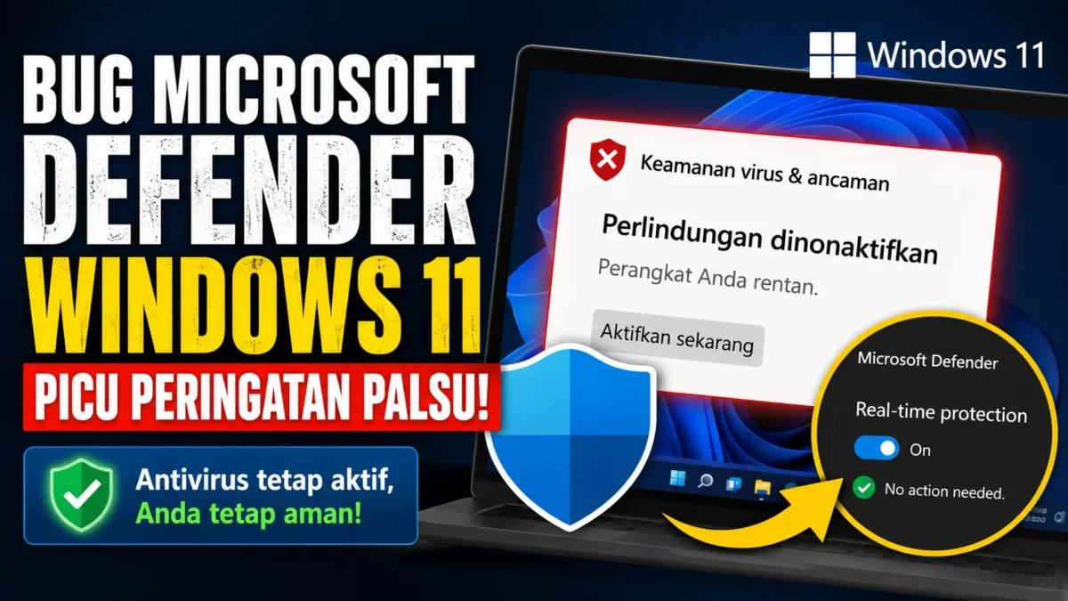 Ilustrasi bug Microsoft Defender pada Windows 11 yang memunculkan peringatan keamanan palsu. Microsoft memastikan perlindungan antivirus tetap berjalan di latar belakang dan menyiapkan pembaruan otomatis untuk memperbaiki masalah tersebut.