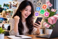 Ilustrasi peluang mendapatkan penghasilan tambahan melalui smartphone dan internet tanpa modal besar.