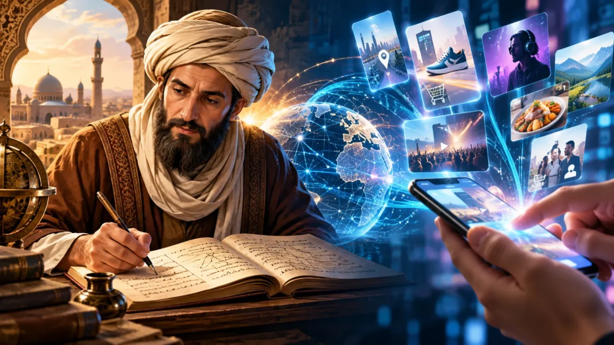 Ilustrasi yang menggambarkan Al-Khawarizmi mempelajari matematika di masa lalu, sementara konsep algoritma berkembang menjadi bagian penting teknologi digital masa kini.