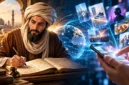 Ilustrasi yang menggambarkan Al-Khawarizmi mempelajari matematika di masa lalu, sementara konsep algoritma berkembang menjadi bagian penting teknologi digital masa kini.