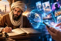Ilustrasi yang menggambarkan Al-Khawarizmi mempelajari matematika di masa lalu, sementara konsep algoritma berkembang menjadi bagian penting teknologi digital masa kini.