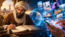 Ilustrasi yang menggambarkan Al-Khawarizmi mempelajari matematika di masa lalu, sementara konsep algoritma berkembang menjadi bagian penting teknologi digital masa kini.